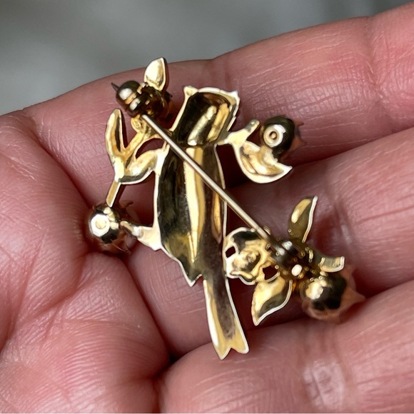 Vintage Bird Faux Pearls Turquoise Miniature Gold Tone Unsigned Brooch Pin - Picture 6 of 10